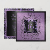 Paars en zwart Lijst Sweet16 Birthday Invite Kaart (Voorkant / Achterkant)