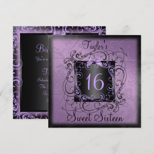 Paars en zwart Lijst Sweet16 Birthday Invite Kaart (Voorkant / Achterkant)