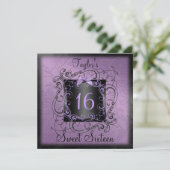Paars en zwart Lijst Sweet16 Birthday Invite Kaart (Staand voorkant)
