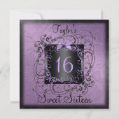 Paars en zwart Lijst Sweet16 Birthday Invite Kaart (Voorkant)