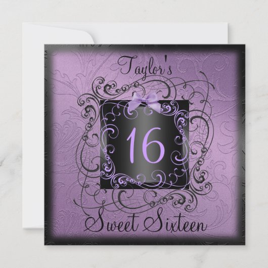 Paars en zwart Lijst Sweet16 Birthday Invite Kaart (Voorkant)