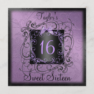 Paars en zwart Lijst Sweet16 Birthday Invite Kaart