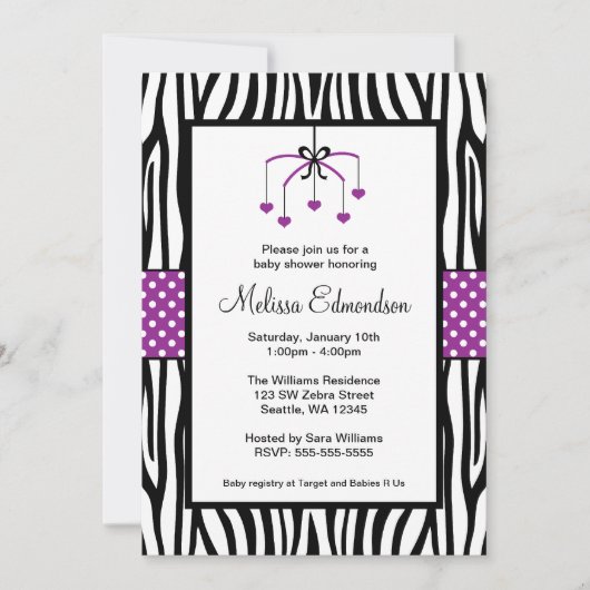 Paars en zwart Zebra hart mobiel Baby shower Kaart (Voorkant)
