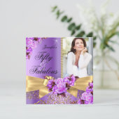 Paars Fabulous 50 Foto Gold Roos Bow Birthday Kaart (Staand voorkant)