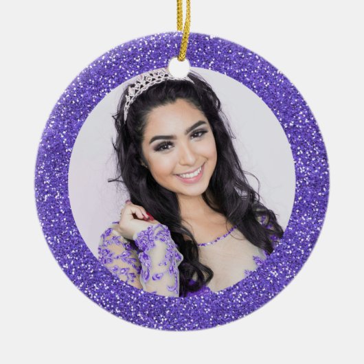  Paars Faux Glitter Monogram Foto Keramisch Ornament (Voorkant)