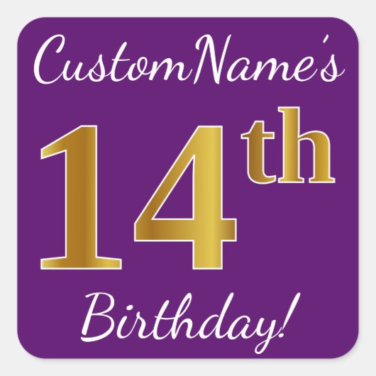 Paars, Faux Gold 14e verjaardag + Eigen naam Vierkante Sticker (Voorkant)