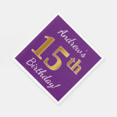 Paars, Faux Gold 15th Birthday + Eigen naam Servet (Hoek)