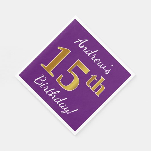 Paars, Faux Gold 15th Birthday + Eigen naam Servet (Hoek)