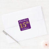 Paars, Faux Gold 15th Birthday + Eigen naam Vierkante Sticker (Envelop)