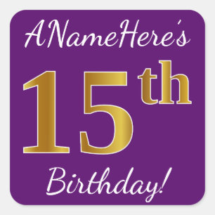 Paars, Faux Gold 15th Birthday + Eigen naam Vierkante Sticker