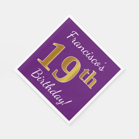 Paars, Faux Gold 19e verjaardag + Eigen naam Servetten (Hoek)