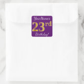 Paars, Faux Gold 23e verjaardag + Aangepaste naam Vierkante Sticker (Tas)