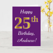 Paars, Faux Gold 25th Birthday + Eigen naam Kaart (Gele Bloem)