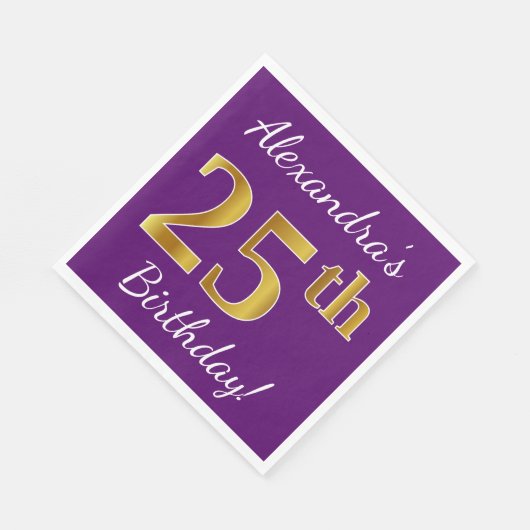 Paars, Faux Gold 25th Birthday + Eigen naam Servet (Hoek)