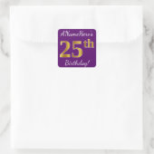 Paars, Faux Gold 25th Birthday + Eigen naam Vierkante Sticker (Tas)