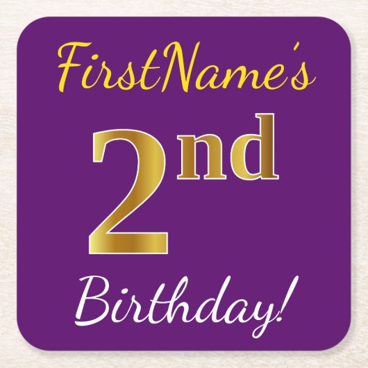 Paars, Faux Gold 2e verjaardag + Eigen naam Kartonnen Onderzetters (Voorkant)