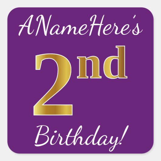 Paars, Faux Gold 2e verjaardag + Eigen naam Vierkante Sticker (Voorkant)