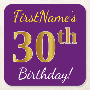 Paars, Faux Gold 30th Birthday + Eigen naam Kartonnen Onderzetters