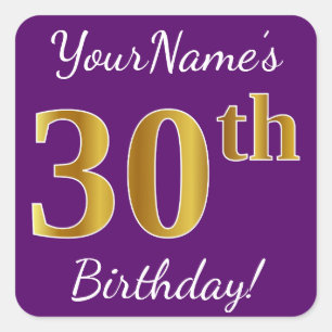 Paars, Faux Gold 30th Birthday + Eigen naam Vierkante Sticker