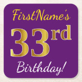 Paars, Faux Gold 33rd Birthday + Eigen naam Kartonnen Onderzetters (Voorkant)