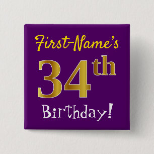 Paars, Faux Gold 34e verjaardag, met aangepaste na Vierkante Button 5,1 Cm