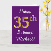 Paars, Faux Gold 35th Birthday + Eigen naam Kaart (Gele Bloem)