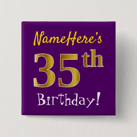 Paars, Faux Gold 35th Birthday, met aangepaste naa Vierkante Button 5,1 Cm (Voorkant)