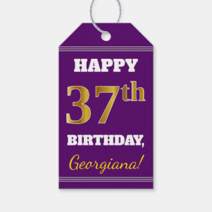 Paars, Faux Gold 37th Birthday + Eigen naam Cadeaulabel