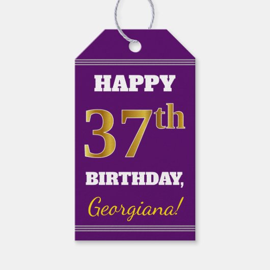 Paars, Faux Gold 37th Birthday + Eigen naam Cadeaulabel (Voorkant)