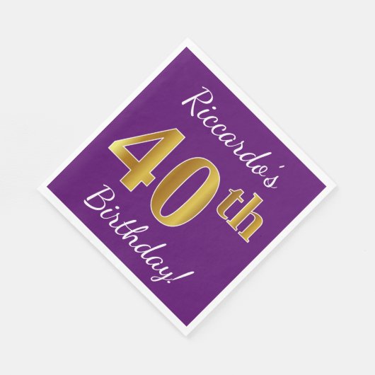 Paars, Faux Gold 40th Birthday + Eigen naam Servetten (Hoek)