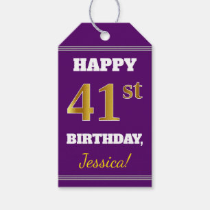 Paars, Faux Gold 41st Birthday + Eigen naam Cadeaulabel
