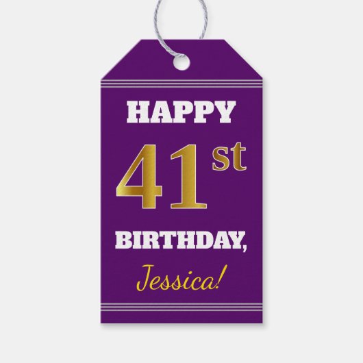 Paars, Faux Gold 41st Birthday + Eigen naam Cadeaulabel (Voorkant)