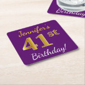 Paars, Faux Gold 41st Birthday + Eigen naam Kartonnen Onderzetters (Schuin)