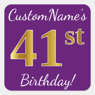 Paars, Faux Gold 41st Birthday + Eigen naam Vierkante Sticker