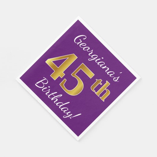 Paars, Faux Gold 45th Birthday + Eigen naam Servet (Hoek)