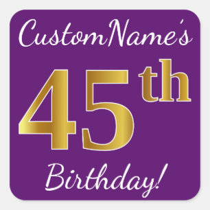 Paars, Faux Gold 45th Birthday + Eigen naam Vierkante Sticker
