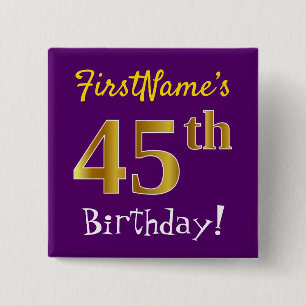 Paars, Faux Gold 45th Birthday, met aangepaste naa Vierkante Button 5,1 Cm