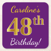 Paars, Faux Gold 48th Birthday + Eigen naam Kartonnen Onderzetters (Voorkant)