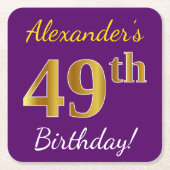 Paars, Faux Gold 49th Birthday + Eigen naam Kartonnen Onderzetters (Voorkant)