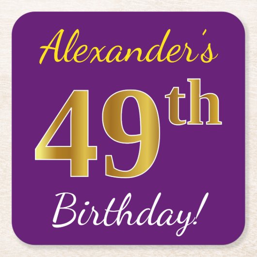 Paars, Faux Gold 49th Birthday + Eigen naam Kartonnen Onderzetters (Voorkant)