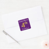 Paars, Faux Gold 4th Birthday + Eigen naam Vierkante Sticker (Envelop)
