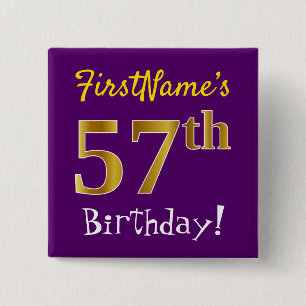 Paars, Faux Gold 57e verjaardag, met aangepaste na Vierkante Button 5,1 Cm