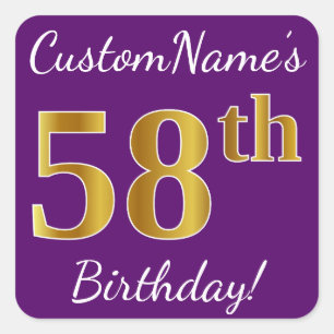 Paars, Faux Gold 58th Birthday + Eigen naam Vierkante Sticker