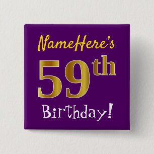 Paars, Faux Gold 59e verjaardag, met aangepaste na Vierkante Button 5,1 Cm