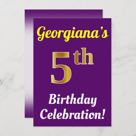 Paars, Faux Gold 5th Birthday Celebration + naam Kaart (Voorkant / Achterkant)