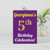 Paars, Faux Gold 5th Birthday Celebration + naam Kaart (Staand voorkant)