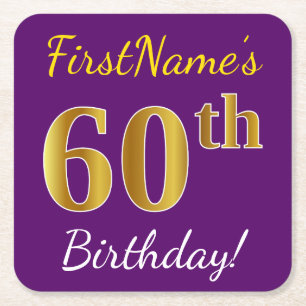 Paars, Faux Gold 60th Birthday + Eigen naam Kartonnen Onderzetters