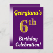 Paars, Faux Gold 6th Birthday Celebration + naam Kaart (Voorkant / Achterkant)