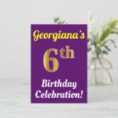 Paars, Faux Gold 6th Birthday Celebration + naam Kaart (Staand voorkant)