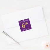 Paars, Faux Gold 6th Birthday + Eigen naam Vierkante Sticker (Envelop)